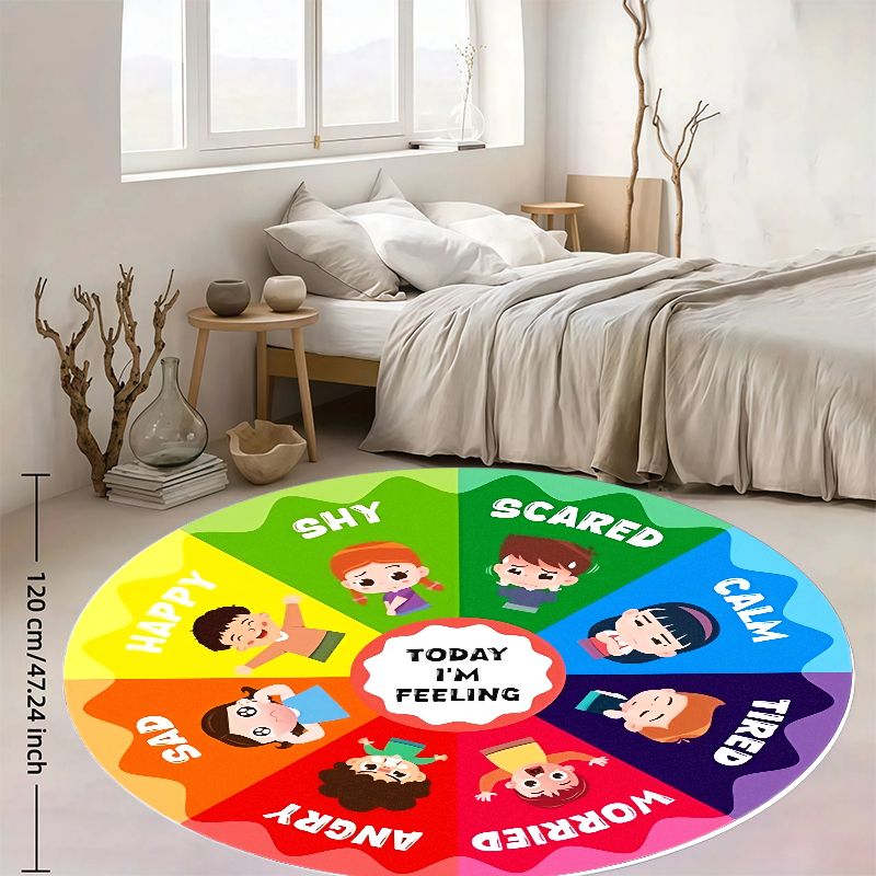 Happy Kids Education - พรมวงกลมสำหรับเด็ก ลายวงล้ออารมณ์ ทำจากผ้าแฟลนเนล ใช้เพื่อการศึกษาเรื่องอารมณ์ สำหรับห้องเด็กเล็ก แสดงอารมณ์ต่างๆ