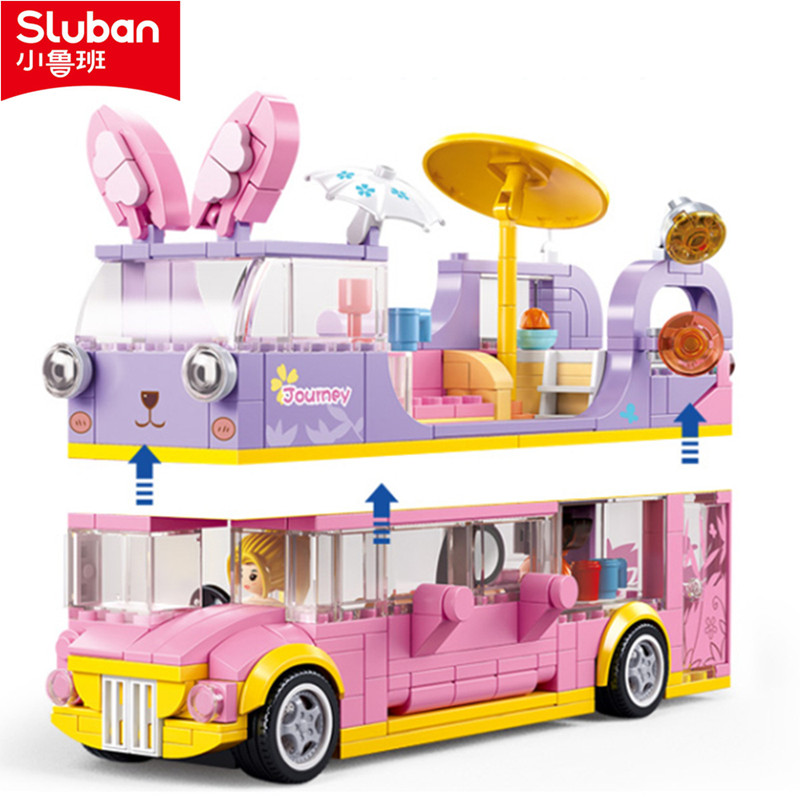 Happy Kids Education - ตัวต่อสลูบัน 412 ชิ้น รถบัสกระต่าย บ้านเคลื่อนที่ ตัวต่อเลโก้