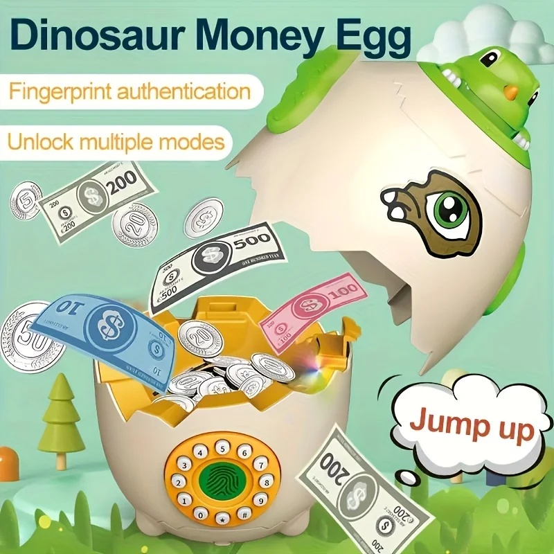 Kids Education Savings - กระปุกออมสินรูปไข่ไดโนเสาร์พร้อมระบบปลดล็อกด้วยรหัสลายนิ้วมือ, ฟีเจอร์เล่นเพลงและเล่าเรื่อง – ของเล่นออมเงินเพื่อการเรียนรู้สำหรับเด็ก, เหมาะสำหรับเป็นของขวัญวันเกิด
