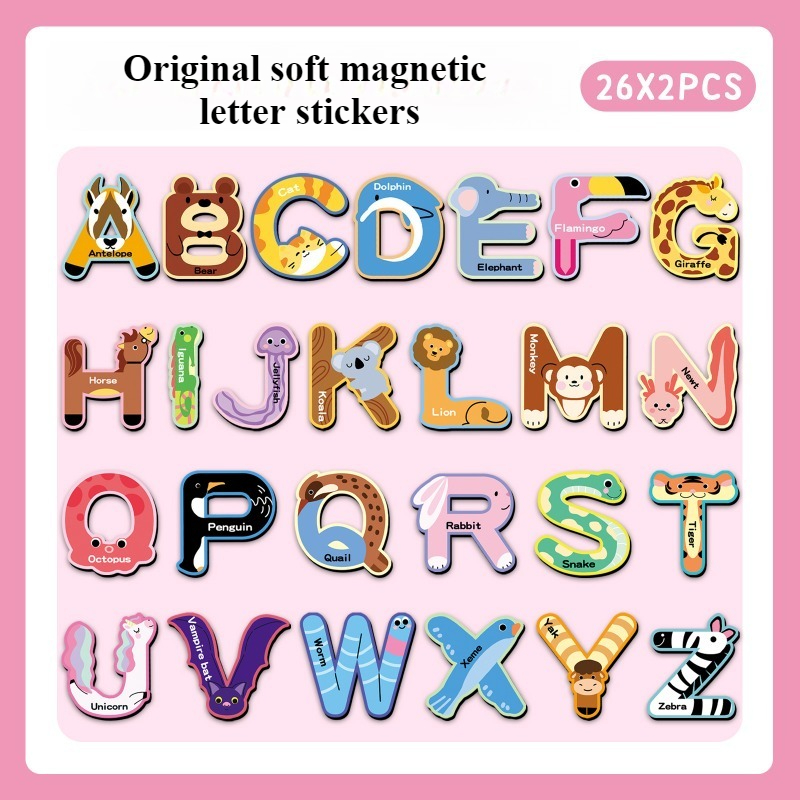 Abc Kids Early Education - สติ๊กเกอร์ติดตู้เย็นแม่เหล็กตัวอักษร 52 ชิ้น, แม่เหล็กนุ่มรูปสัตว์การ์ตูนน่ารัก, ของเล่นเพื่อการศึกษาสำหรับเด็ก, ของตกแต่ง