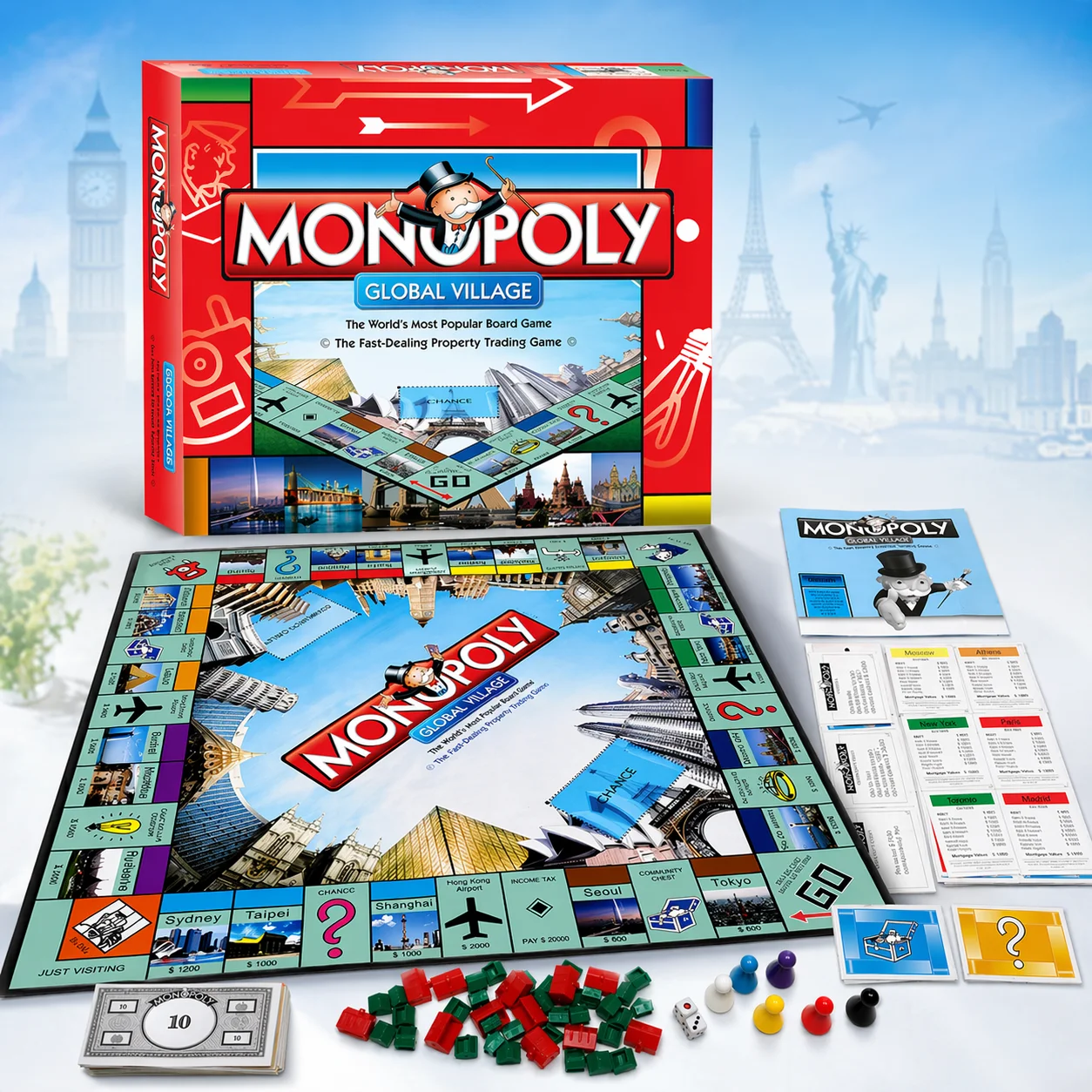 Hasbro Game Monopoly - เกมกระดานพรีเมียม MONOPOLY GLOBAL VILLAGE - งานฝีมือประณีตสำหรับนักเล่นเกมบนโต๊ะ,